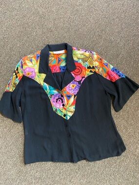 Vintage A.C. Sport Black Button-Front Shirt with Multicolor Printed Yoke